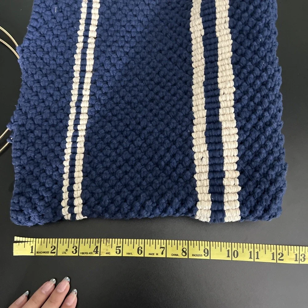Vintage Handmade 70s Macrame Purse Bag Round Handles Nautical Boho Navy Gold